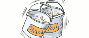 buckets with labels saying thankyou