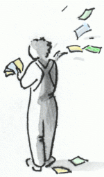 a person throwing lots of pieces of paper over their shoulder