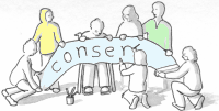 group of people making a banner saying Consensus