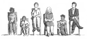 people on chairs, some higher, some lower