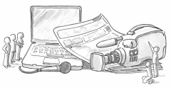 different types of media - a camera, a microphone, a newspaper and a computer