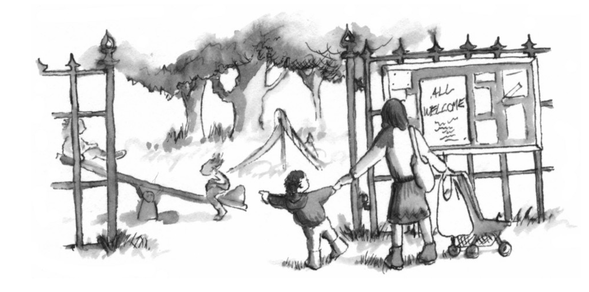 drawing of playpark with a child pointing inside while their parent reads a poster that says all welcome