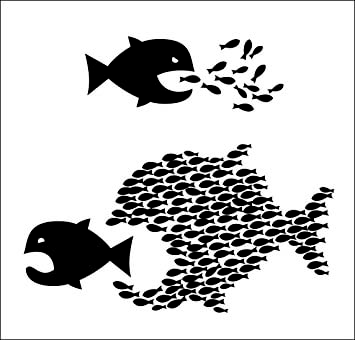 Big fish eating little fish, but when the little fish get toghether, they take on the form of a huge fish and chase the big fish away.