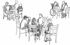 three small groups of people working together