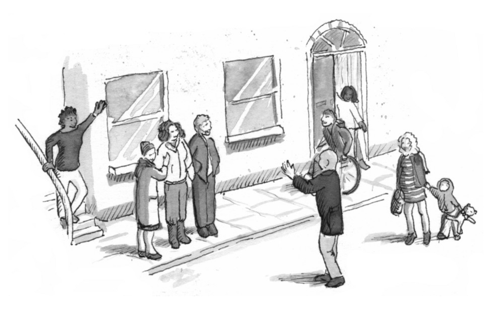 drawing of a street with a group of people chatting on the pavement