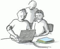 Three people working with a laptop.